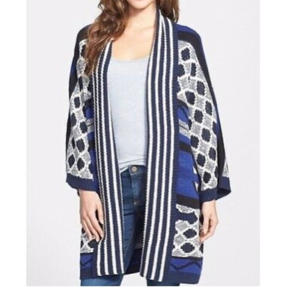 Lucky Brand Aztec Tribal Open Front Cardigan Pockets Oversized Drop Shoulders M - Picture 2 of 15